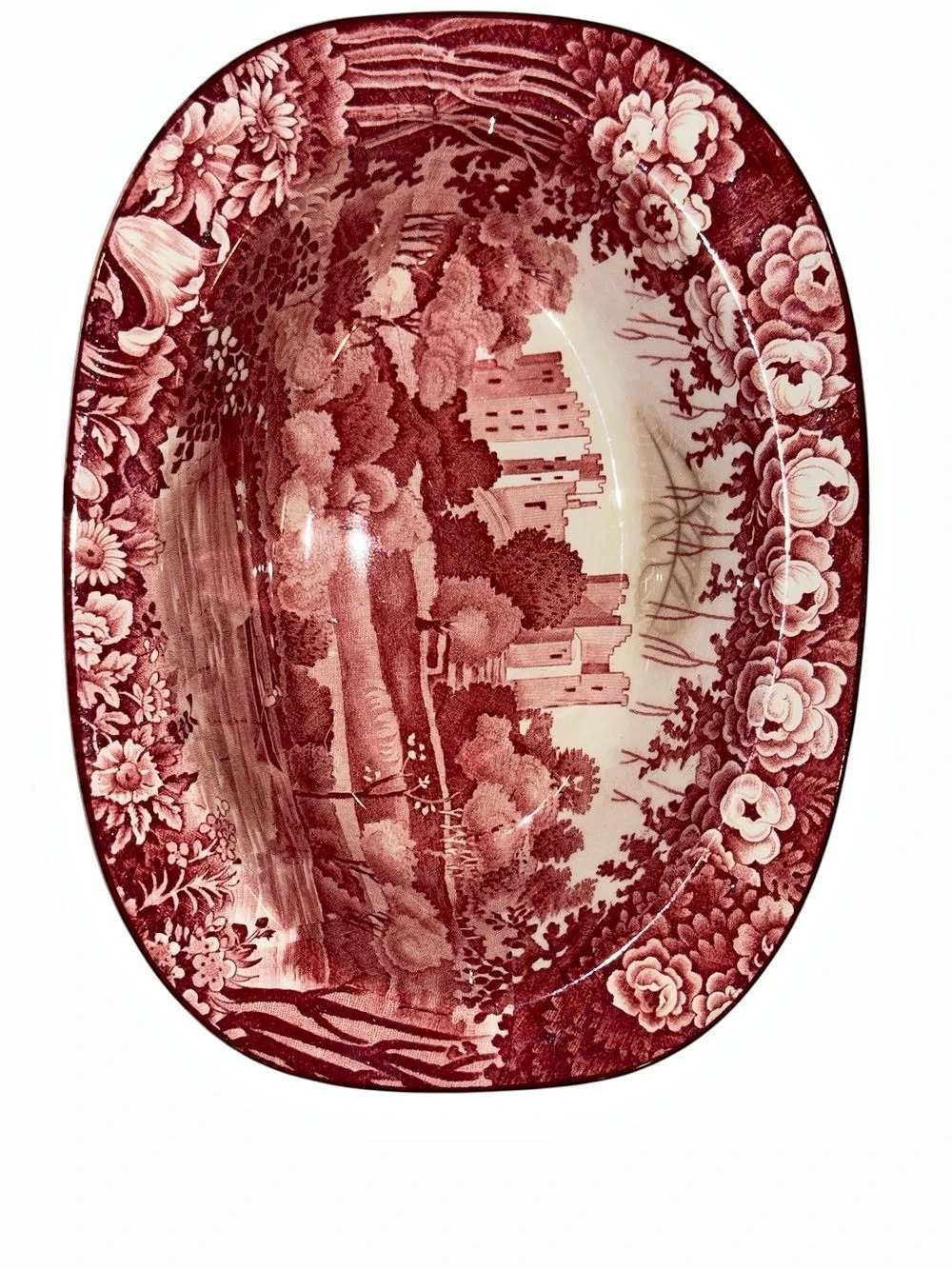 Enoch Wood's Floral Transferware Serving Platter Red & White